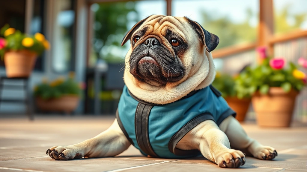dog cooling vest -
Small breed dog (Pug) wearing a fitted cooling vest, relaxing on a patio during