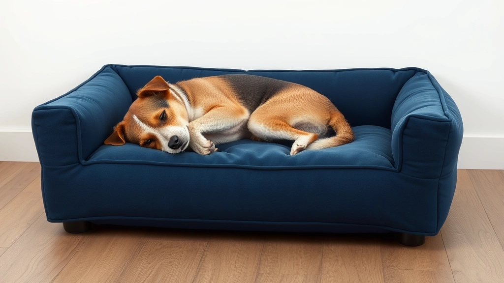 dog couch bed -
Photorealistic image of a small terrier mix curled up on a navy blue microsuede