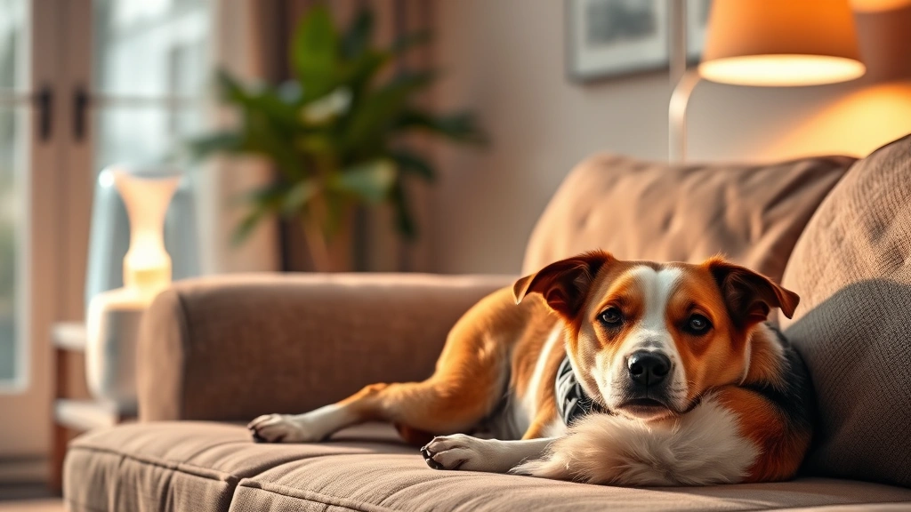 dog cough -
Photorealistic image of a dog resting comfortably on a couch with a humidifier 
