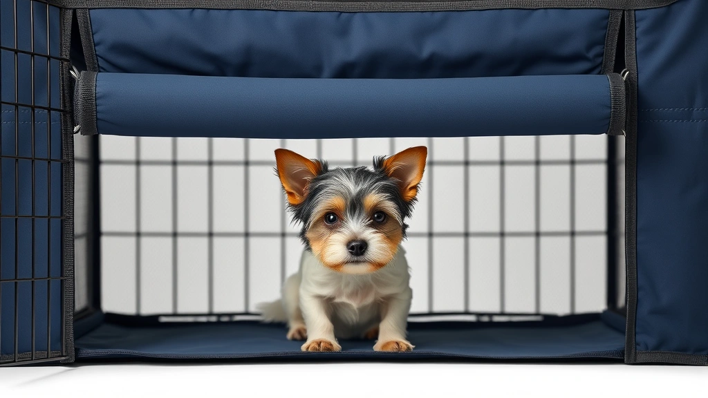 dog crate covers -
Photorealistic image of a small terrier peeking out from under a navy blue dog 