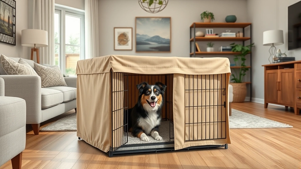 dog crate covers -
Photorealistic image of a modern living room with a large dog crate covered in 