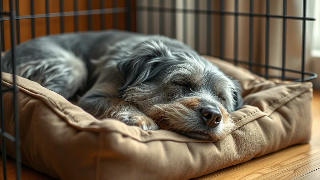 dog crate mat -
Photorealistic image of an elderly gray-muzzled senior dog sleeping peacefully 