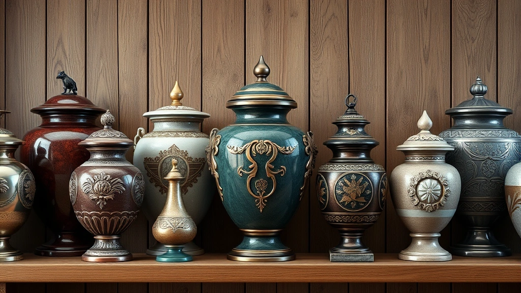 dog cremation cost -
Photorealistic image of various decorative pet urns in different styles and mat