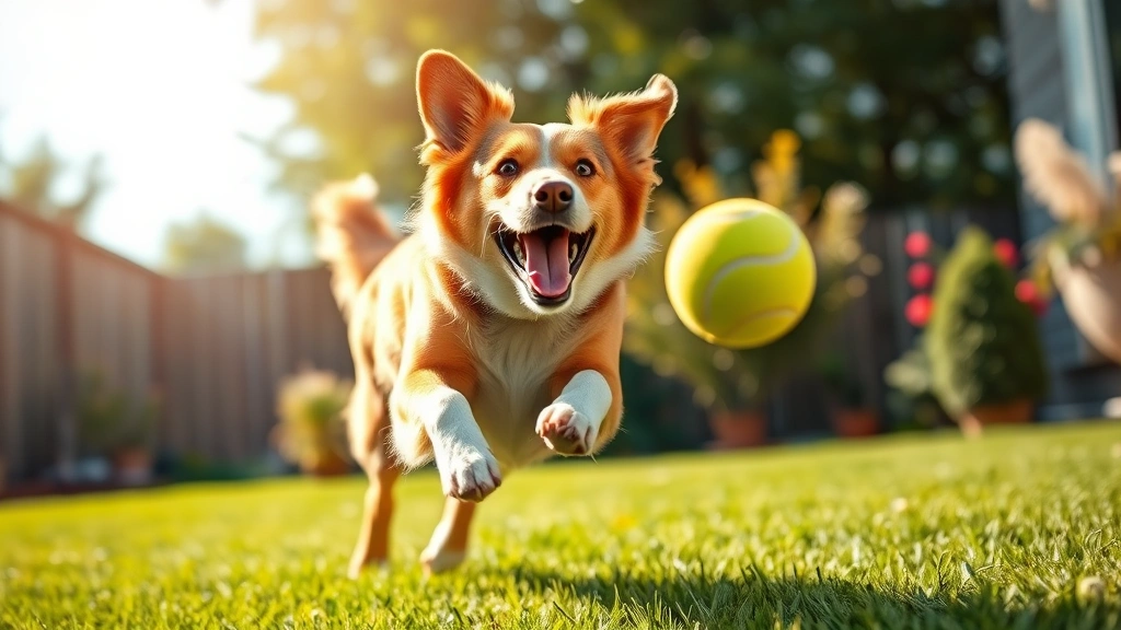 dog crying -
Photorealistic image of a happy adult dog playing fetch in a sunny backyard wit