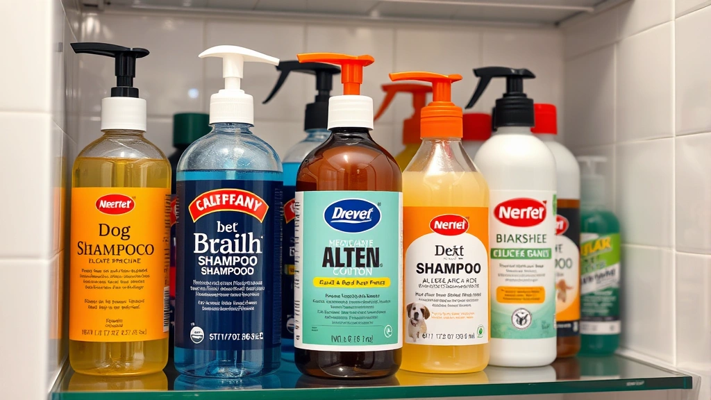 dog dandruff shampoo -
Photorealistic image of various dog shampoo bottles arranged on a bathroom shel