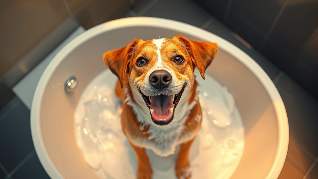 dog dandruff shampoo -
Photorealistic overhead shot of a happy dog being bathed with shampoo lather in
