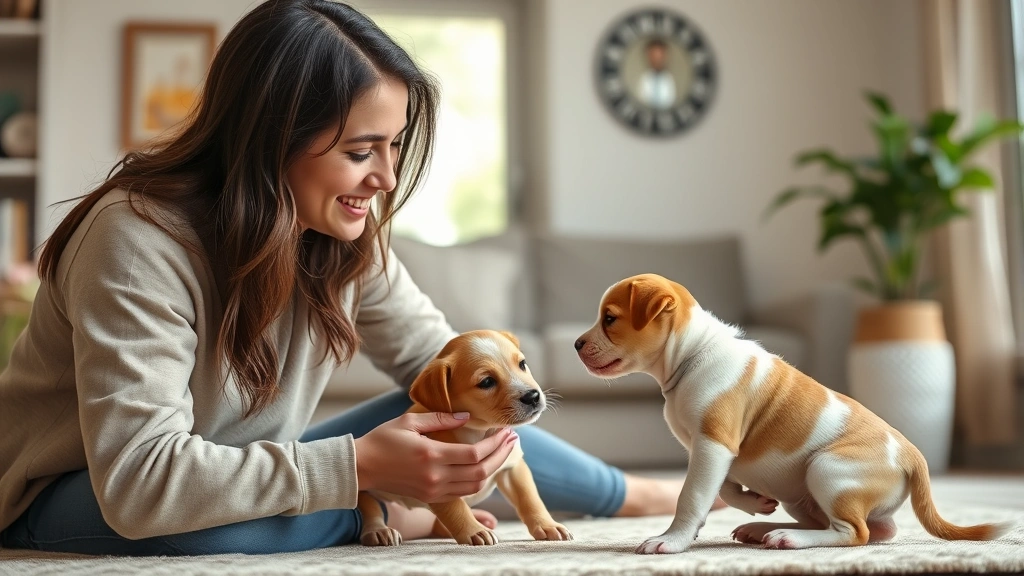 dog day poppy playtime -
Photorealistic image of a dog owner supervising playtime with a small puppy ind