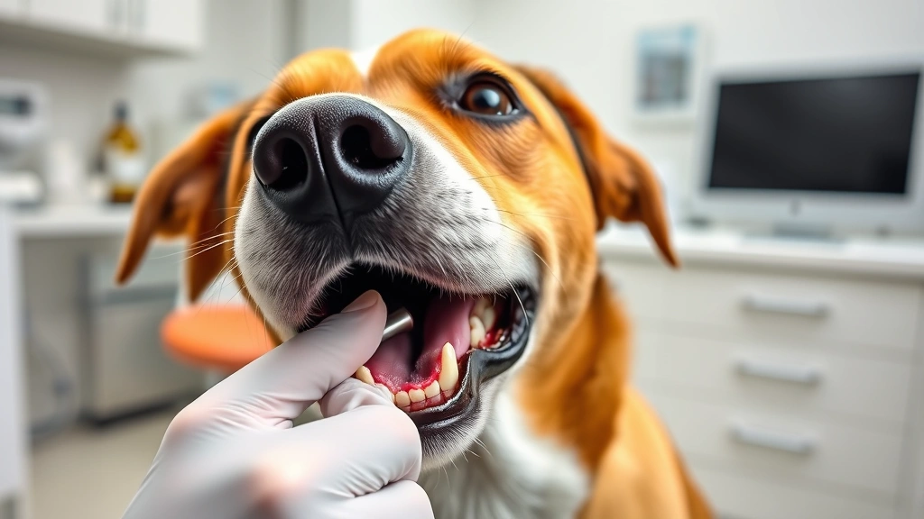 dog dental chart -
examining the dog’s teeth with a dental mirror in a bright clinic room
