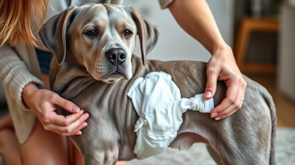 dog diapers female -
Photorealistic image of a female dog owner gently fitting a diaper on her senio