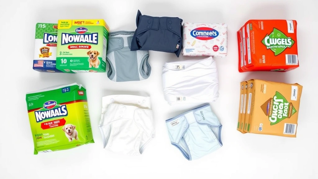 dog diapers male -
Photorealistic overhead view of various male dog diaper brands and sizes displa