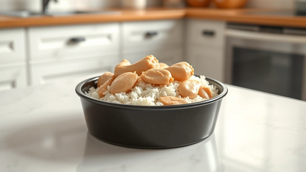 dog diarrhea and vomiting -
Photorealistic image of plain boiled chicken and white rice in a dog bowl on a 