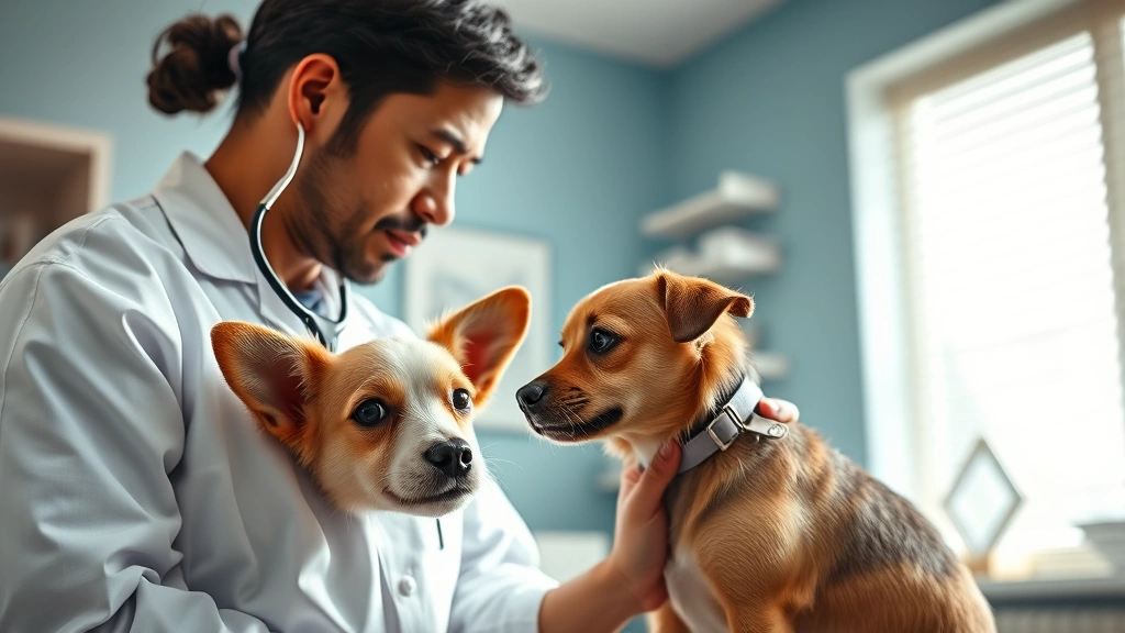 dog diarrhea and vomiting -
Photorealistic image of a veterinarian examining a small dog with a stethoscope