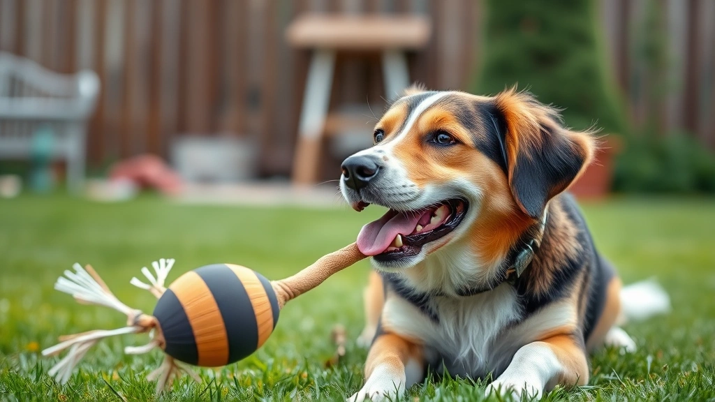 dog dildo -
Photorealistic image of a happy medium-sized dog playing with an elongated toy 