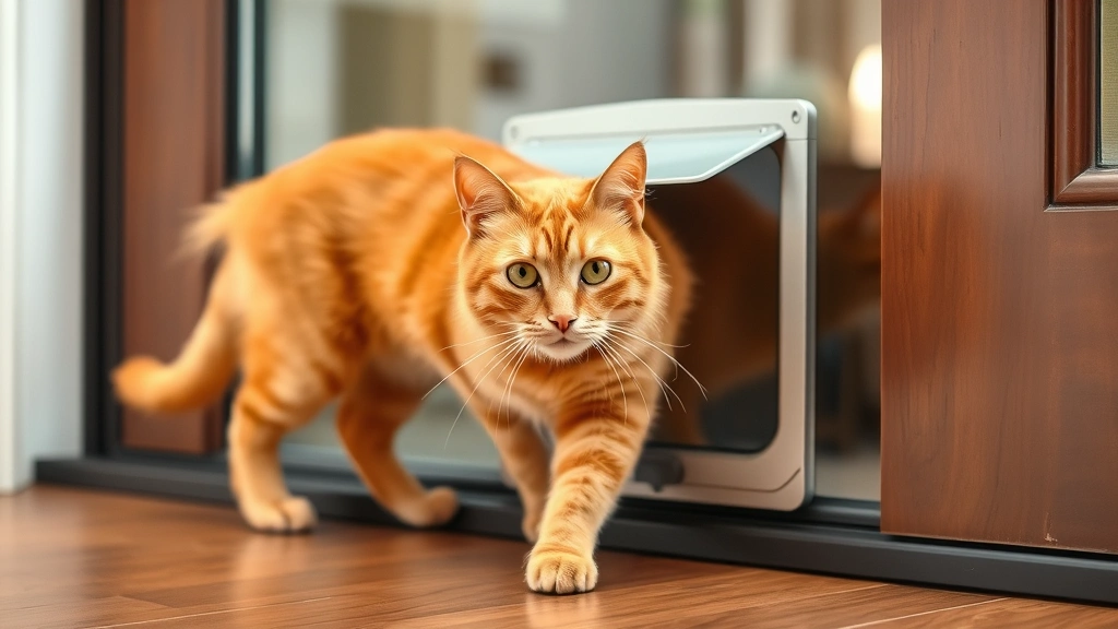 dog door for cats -
An orange cat confidently pushing through a flap-style pet door installed in a 