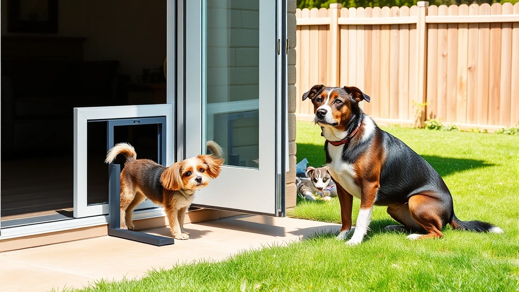 dog door for sliding door -
Photorealistic image of a small dog and medium dog using the same sliding door 