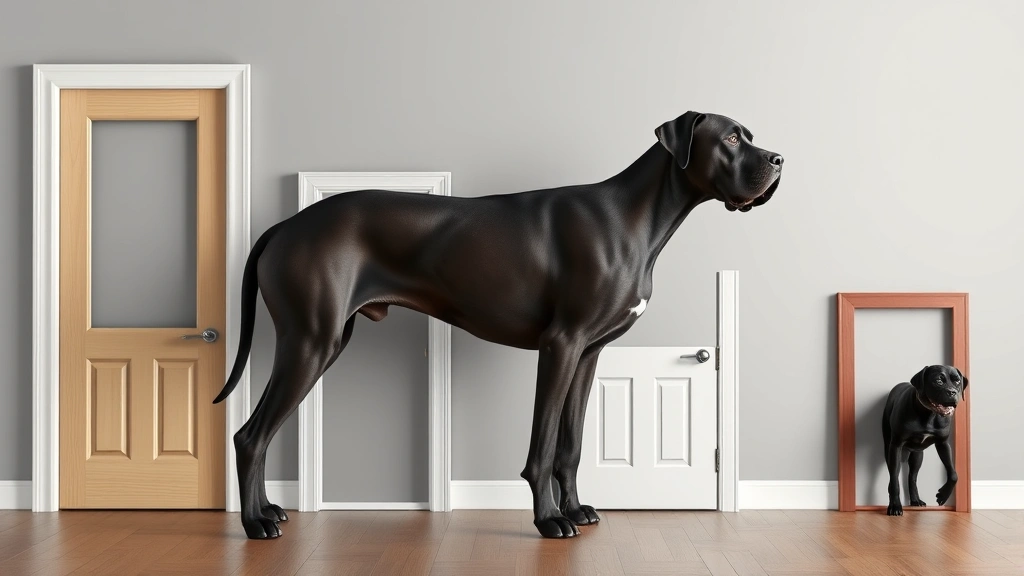 dog doors big -
Photorealistic image of a Great Dane standing next to different sized dog door 