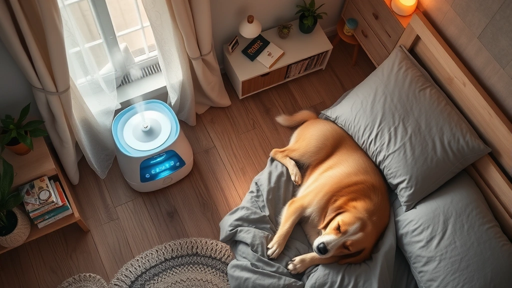 dog dry nose -
Photorealistic overhead shot of a humidifier running in a cozy dog bedroom with