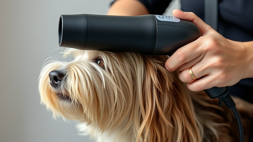 dog dryer -
Close-up of person using handheld high-velocity dog dryer on long-haired dog&#8