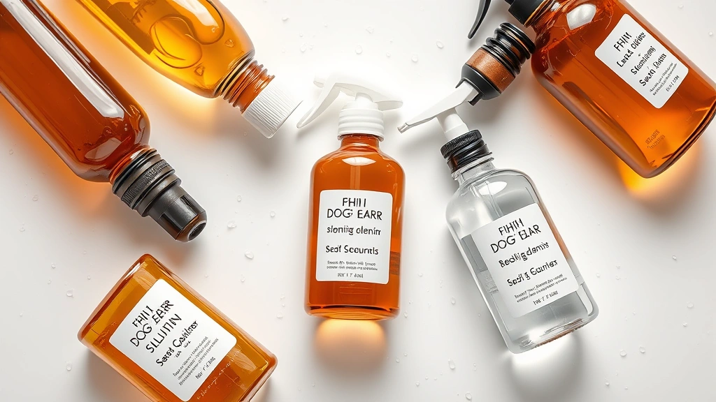 dog ear cleaning solution -
Photorealistic overhead shot of five different dog ear cleaning solution bottle