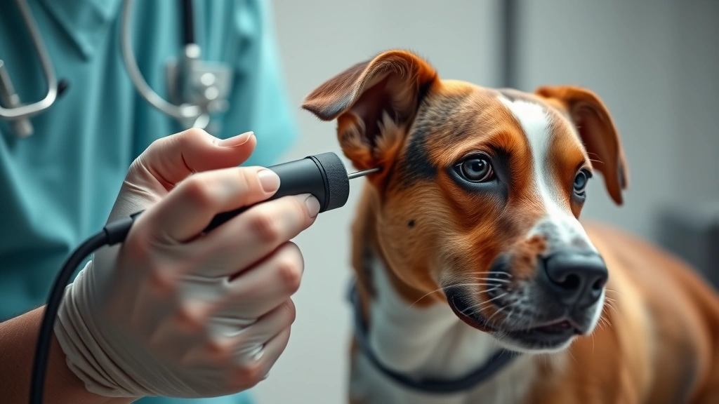 dog ear hematoma -
Photorealistic veterinary examination scene showing a vet gently examining a do
