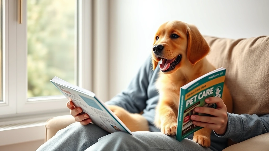 dog eared books -
Photorealistic image of a person reading a pet care guide while sitting with a 
