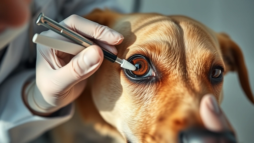 dog eye boogers treatment -
Photorealistic overhead view of a veterinarian applying antibiotic eye ointment