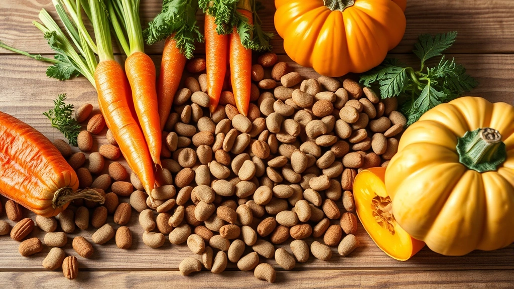 dog fart -
Photorealistic image of various premium dog food kibbles and fresh vegetables l