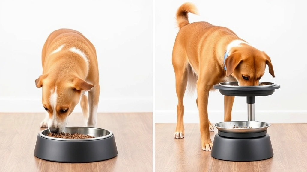 dog feeding height -
Side-by-side comparison showing a small dog eating from a 6-inch raised feeder