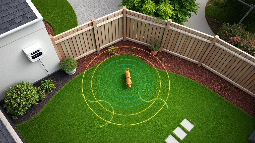 dog fence wireless dog fence -
Photorealistic overhead view of a residential backyard with a wireless dog fenc