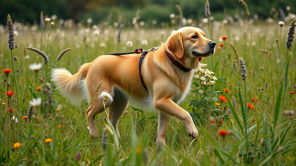 dog fennel -
Photorealistic image of a golden retriever on a leash walking past overgrown we