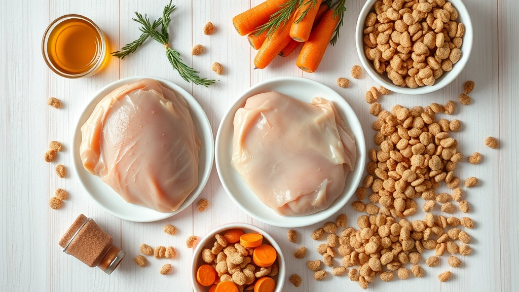 dog food for bichon -
Photorealistic flat lay of premium dog food ingredients including fresh chicken