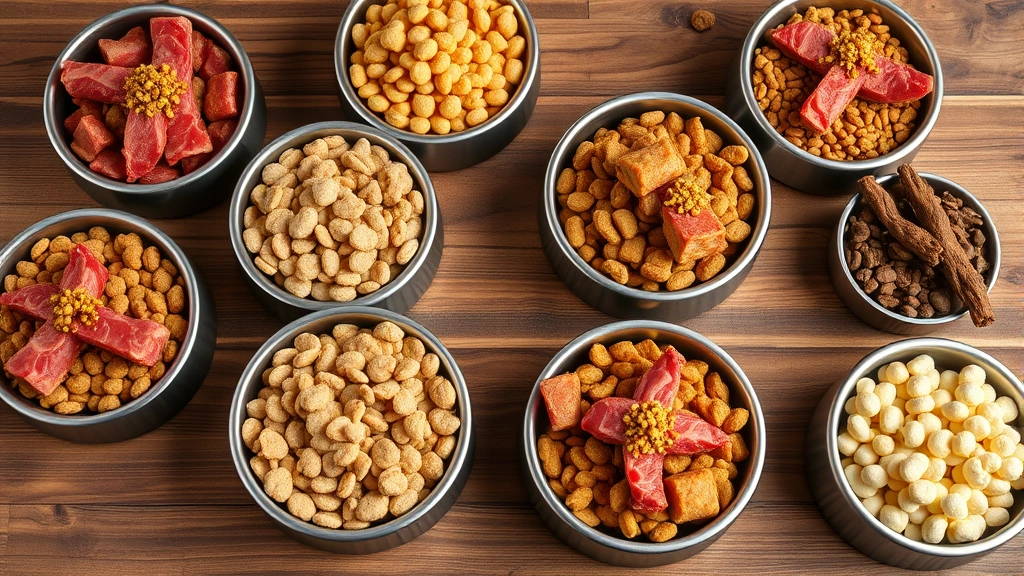 dog food for picky eaters -
Photorealistic image of various premium dog food bowls containing different col