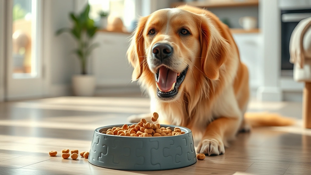 dog food for picky eaters -
Photorealistic image of a golden retriever happily eating from a puzzle feeder