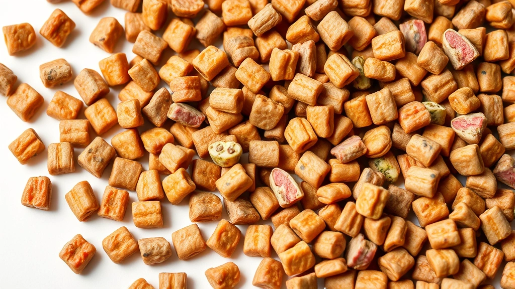 dog food for rhodesian ridgebacks -
Close-up of high-quality dog food kibble with visible meat pieces and vegetable