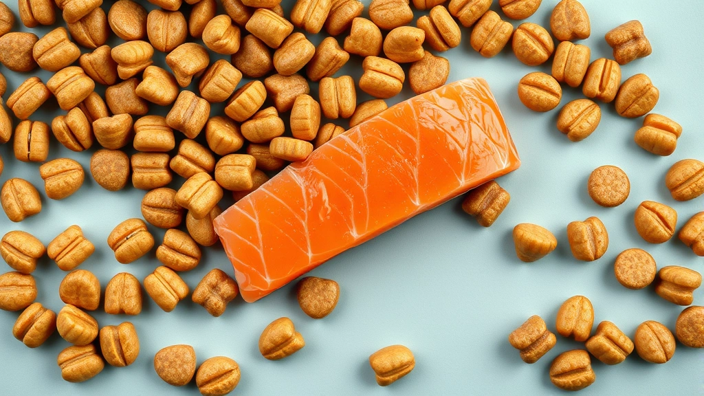 dog food for sensitive skin -
Photorealistic flat lay of premium dog food kibble with salmon
