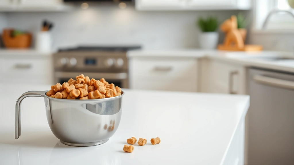dog food measurement -
modern kitchen next to a stainless steel measuring cup filled with dry kibble o