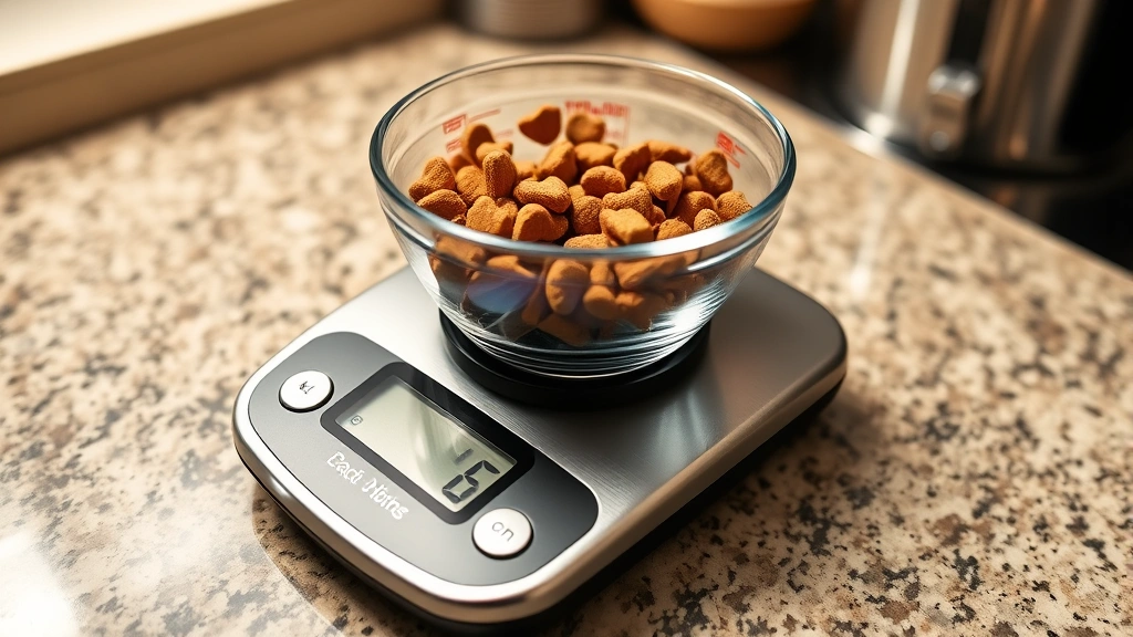 dog food measurement -
A digital kitchen scale on a kitchen counter with dry dog kibble being measured
