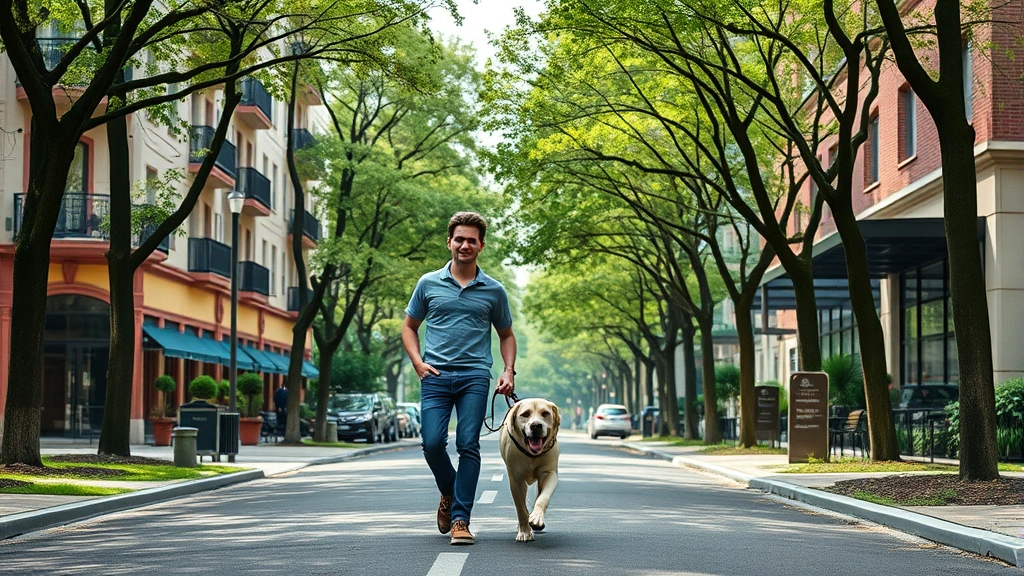 dog friendly apartments near me -
A young couple walking their labrador retriever on a tree-lined urban street wi