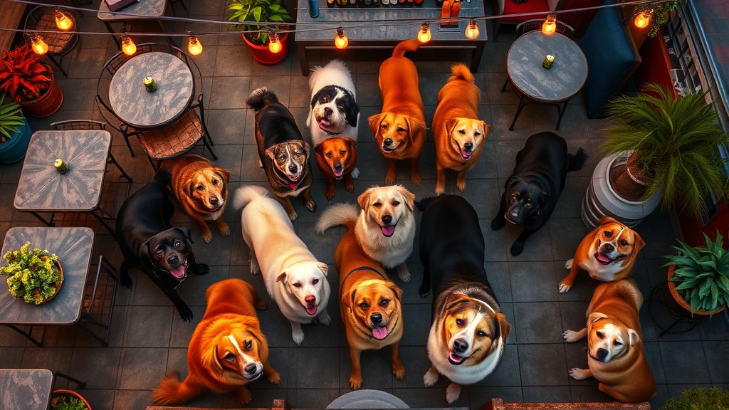 dog friendly bars near me -
Overhead view of multiple dogs of different breeds mingling on a spacious outdo