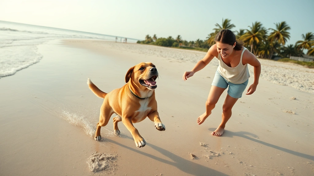 dog friendly beach near me -
Photorealistic overhead view of dog owner and happy labrador playing fetch on e