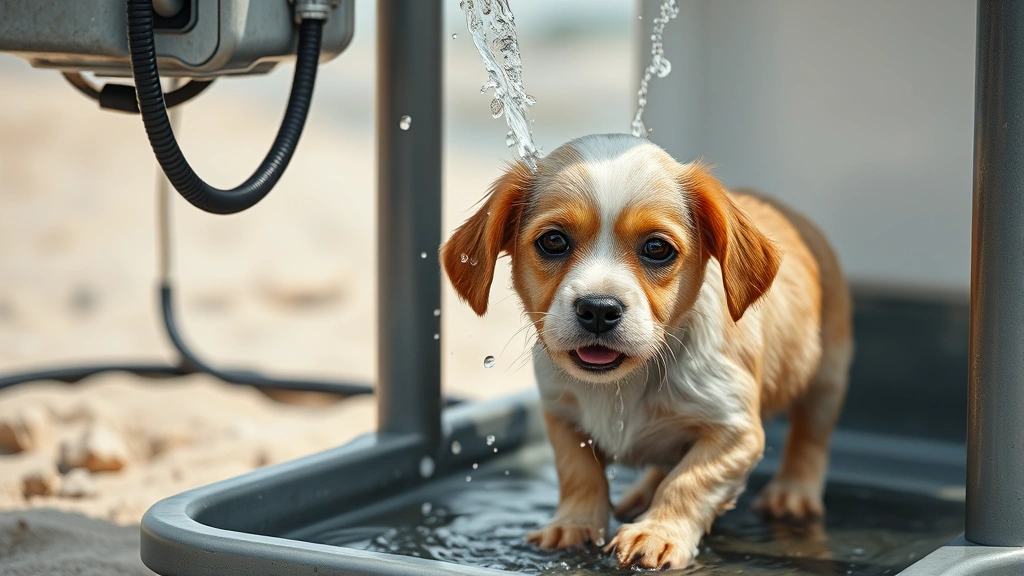 dog friendly beach near me -
Photorealistic close-up of small dog getting rinsed with fresh water from porta