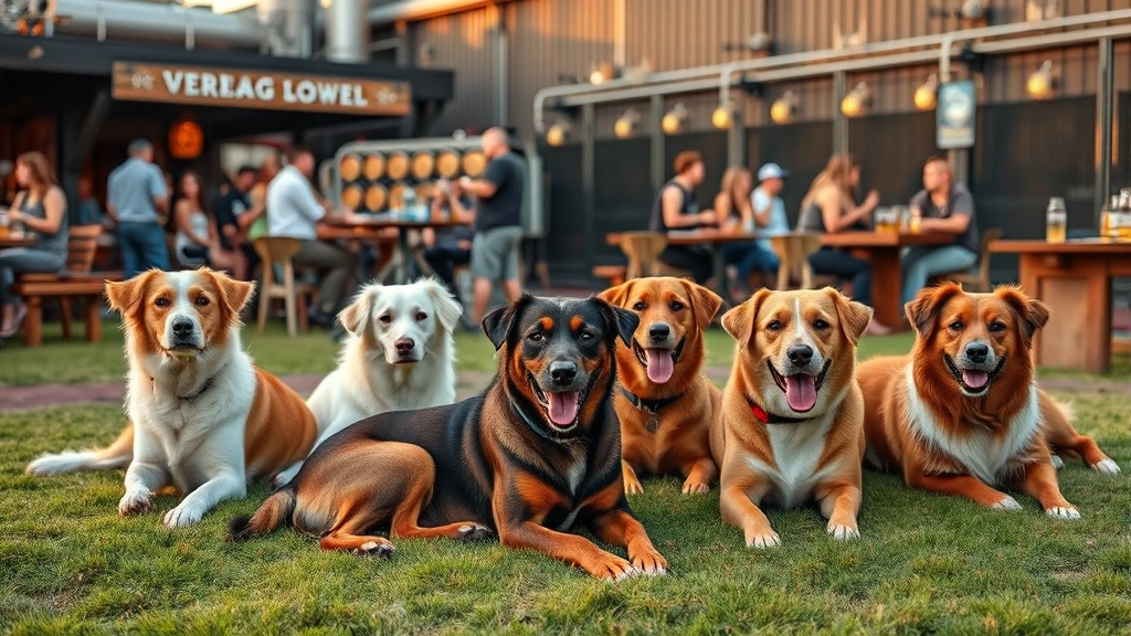 dog friendly breweries near me -
Multiple dogs of different breeds relaxing on grass at an outdoor brewery venue