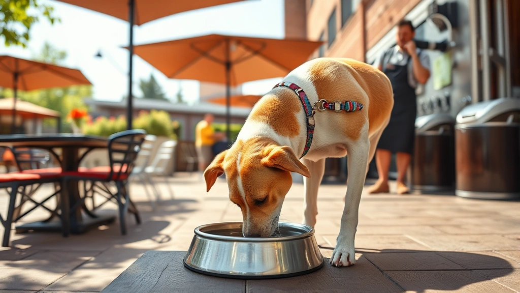 dog friendly breweries near me -
Dog drinking water from a bowl at a brewery patio with shaded area, comfortable