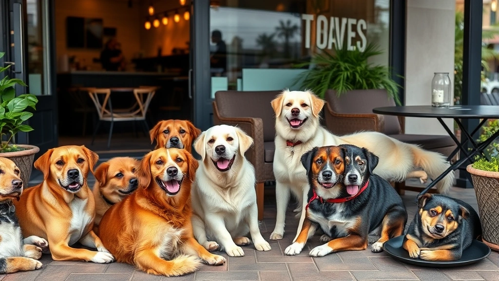 dog friendly coffee shops near me -
Mixed group of dogs of different sizes relaxing on a dog-friendly coffee shop p