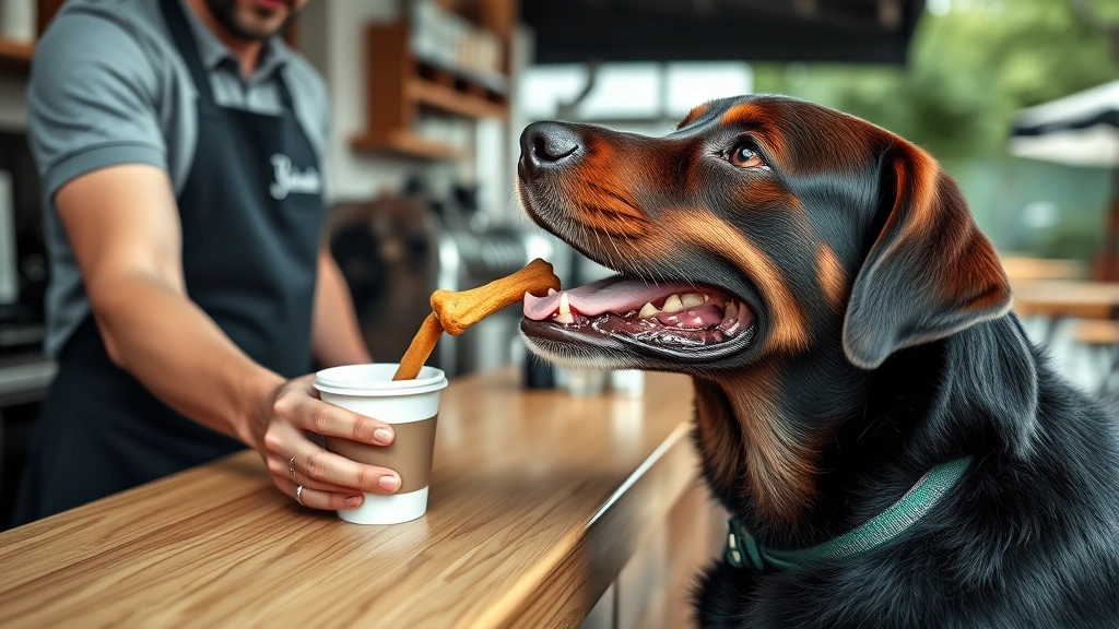 dog friendly coffee shops near me -
Close-up of a friendly barista handing a dog treat to an excited Labrador while
