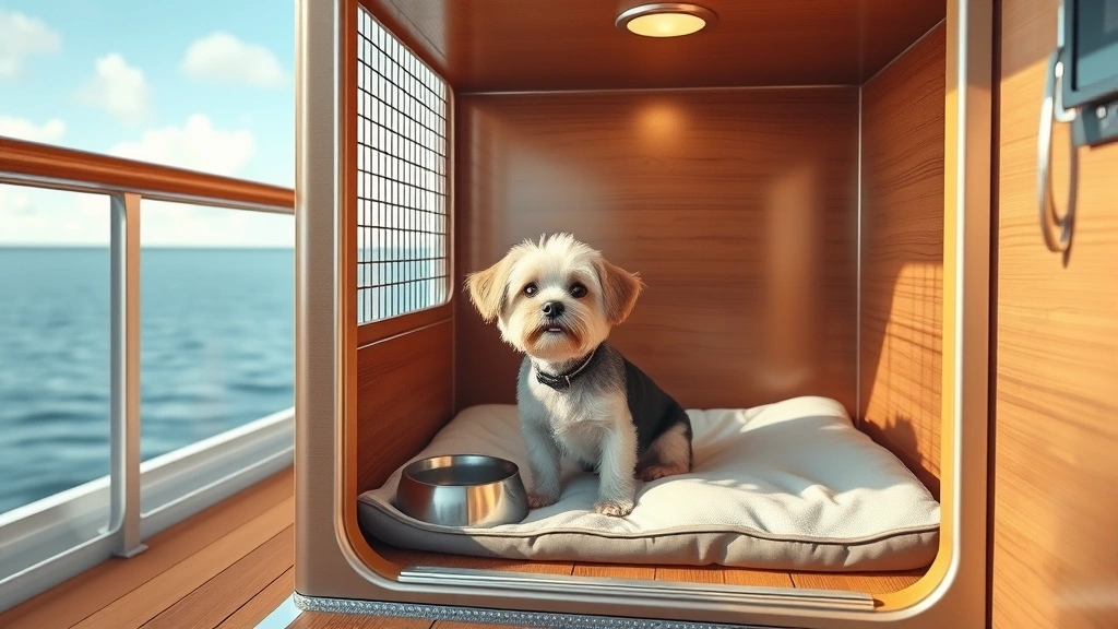 dog friendly cruises -
Small dog sitting in comfortable kennel with bed and water bowl on cruise ship,