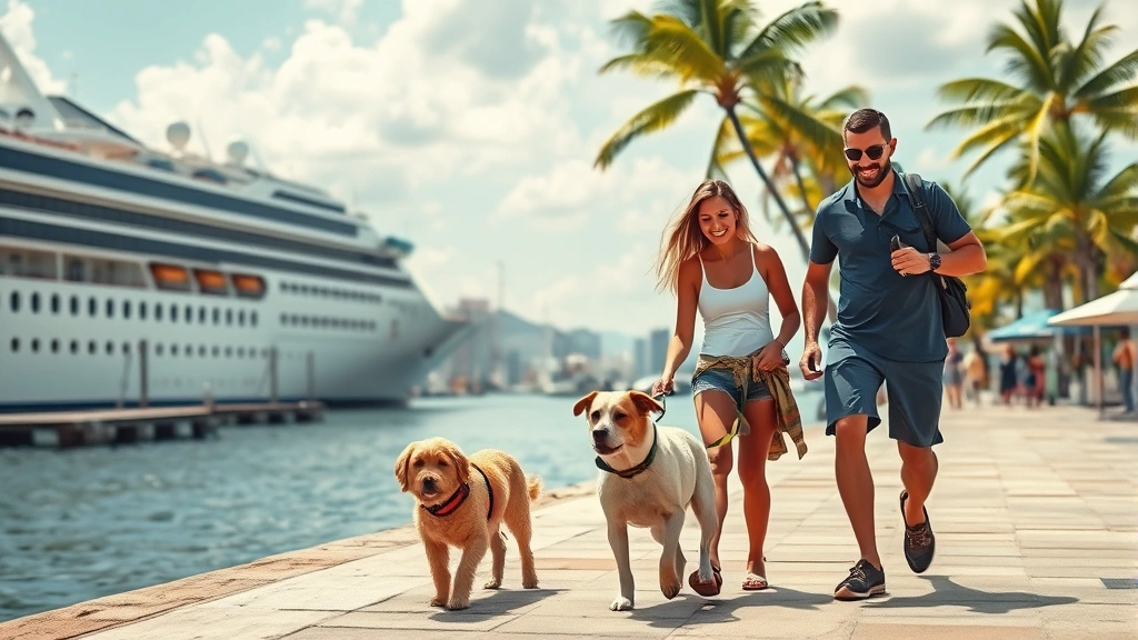 dog friendly cruises -
Family with two dogs exploring a tropical port city at a cruise dock, photoreal