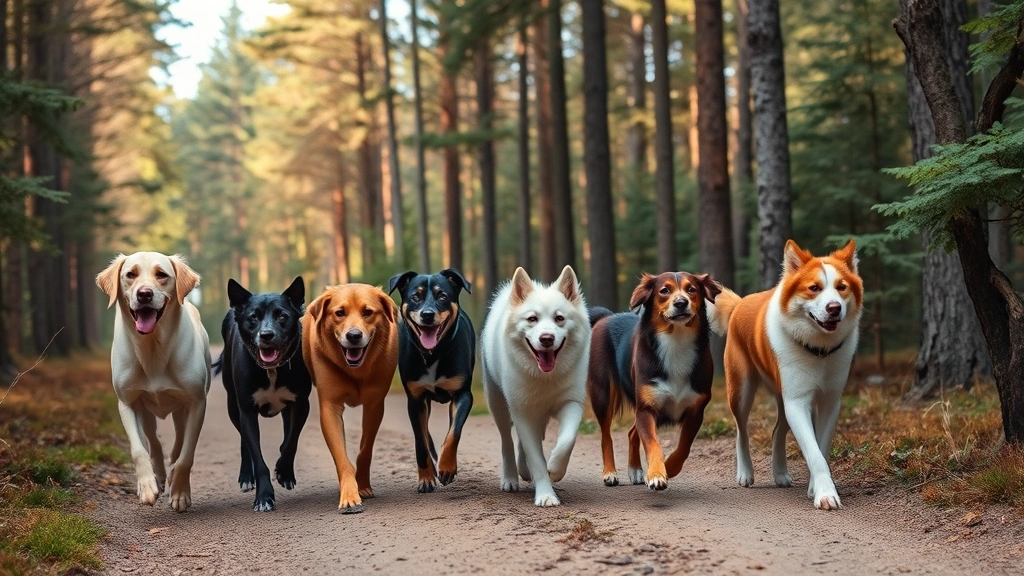 dog friendly hikes near me -
A group of diverse dogs of different breeds walking together on a peaceful fore