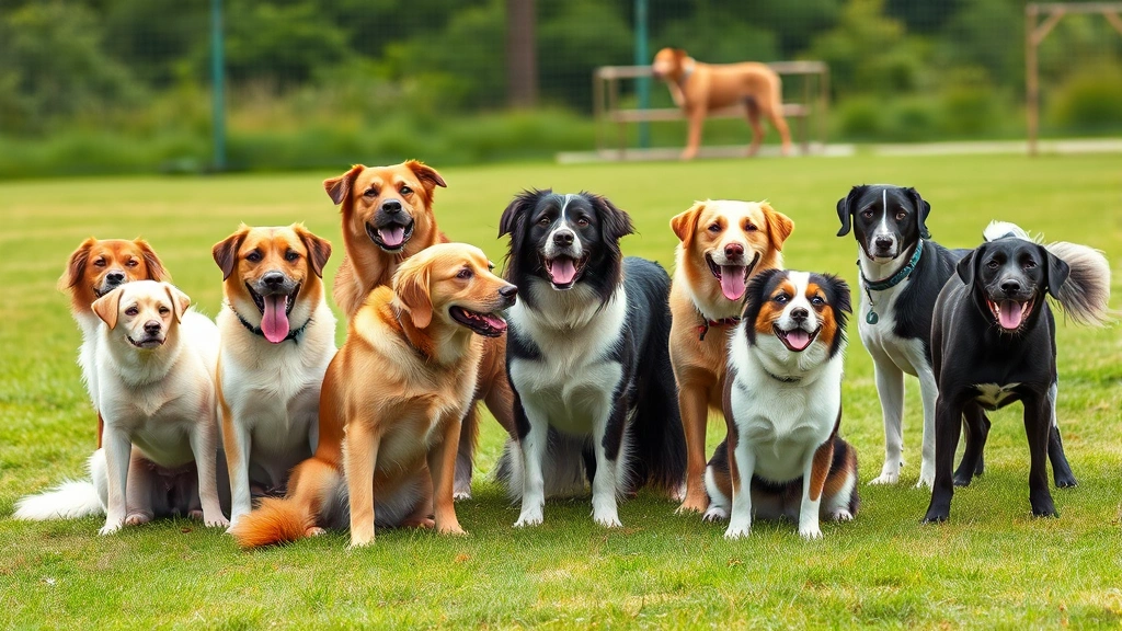 dog friendly parks near me -
Photorealistic style: Multiple dogs of different sizes and breeds socializing t