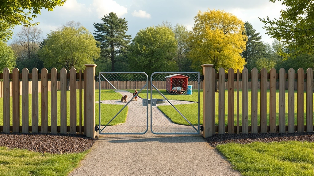 dog friendly parks near me -
Photorealistic style: A small dog park entrance with double gates
